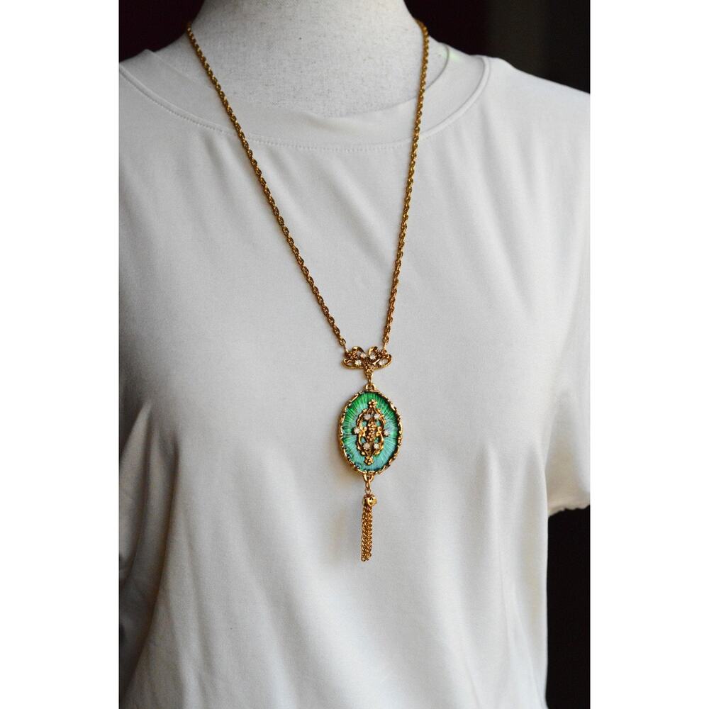 Vintage 1960s LJM Laurentian Green Enamel Tassel Necklace, Signed